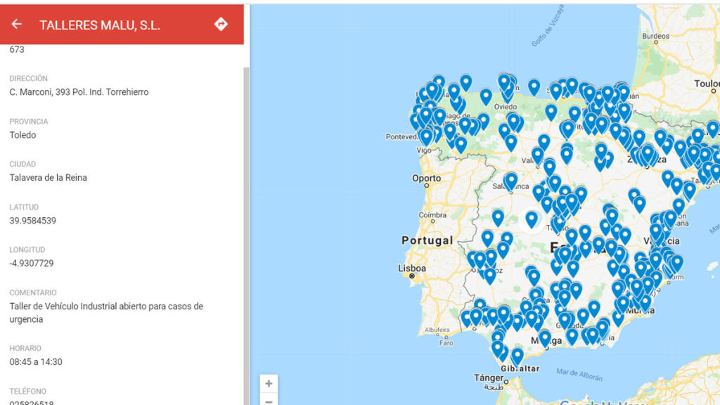 Mapa de talleres de vehículos industriales