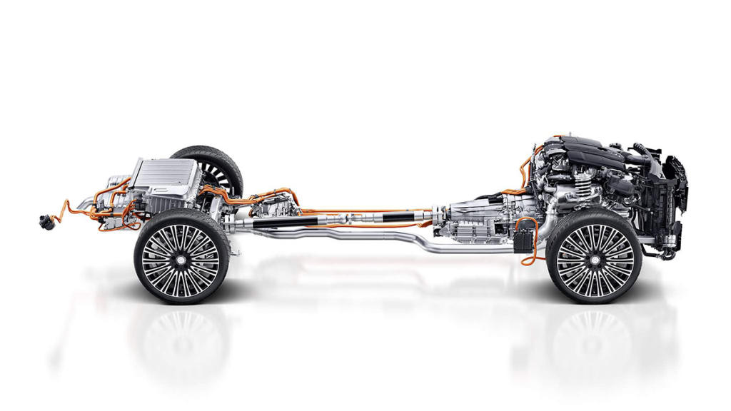 Radiografía del chasis del Mercedes E 300 de EQ Power, con tecnología híbrida enchufable
