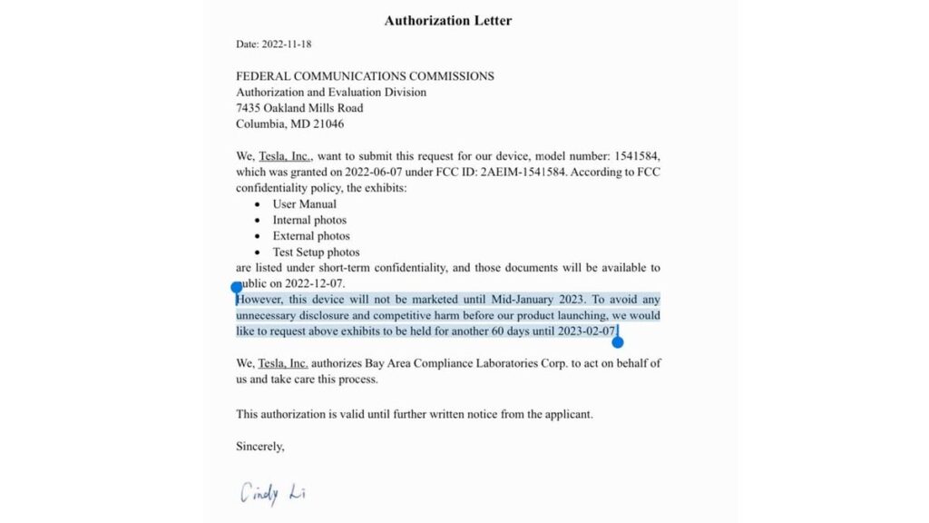 Tesla Solicitud FCC 2
