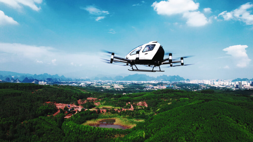 Coche volador taxi volador EHang vuelo apertura