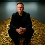 Apertura de la noticia, Elon Musk sobre una montaña de monedas, generado por IA