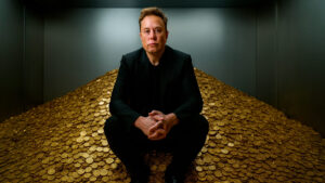 Apertura de la noticia, Elon Musk sobre una montaña de monedas, generado por IA