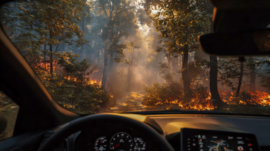 Through heavy smoke, a vehicle navigates a narrow forest road as flames erupt nearby. A tense evacuation unfolds in this perilous escape from wildfire danger