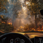 Through heavy smoke, a vehicle navigates a narrow forest road as flames erupt nearby. A tense evacuation unfolds in this perilous escape from wildfire danger