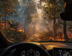 Cuatro tips para salvar tu vida si un incendio forestal te rodea en pleno viaje en coche Through heavy smoke, a vehicle navigates a narrow forest road as flames erupt nearby. A tense evacuation unfolds in this perilous escape from wildfire danger