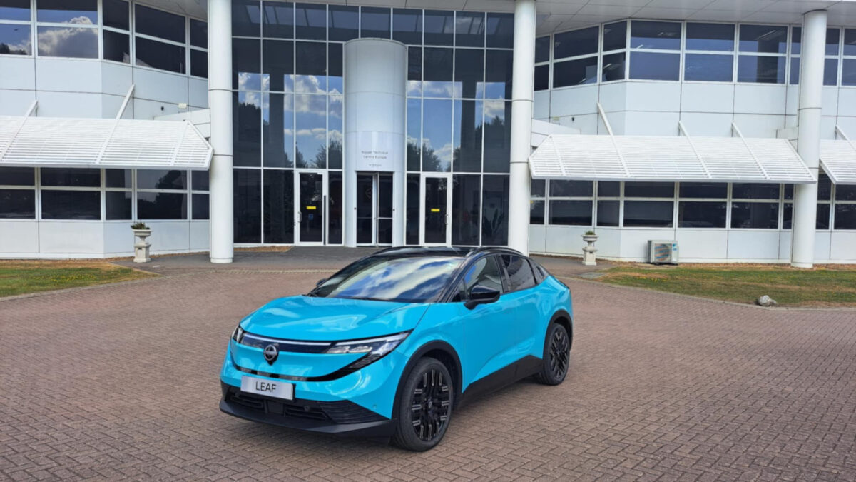 Nissan led research project changes the game on EV charging, low All-new Nissan LEAF parked in front of a Nissan Technical Centre Europe (NTCE) in Cranfield, Bedfordshire, UK.