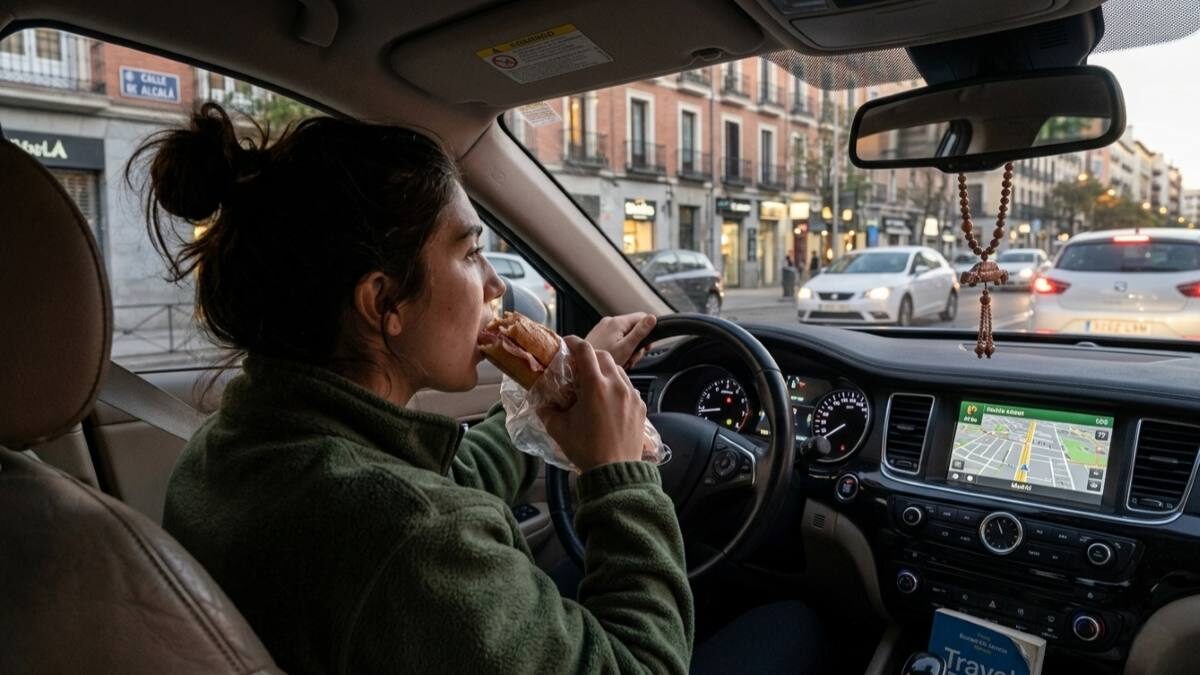 persona comiendo mientras conduce persona comiendo mientras conduce