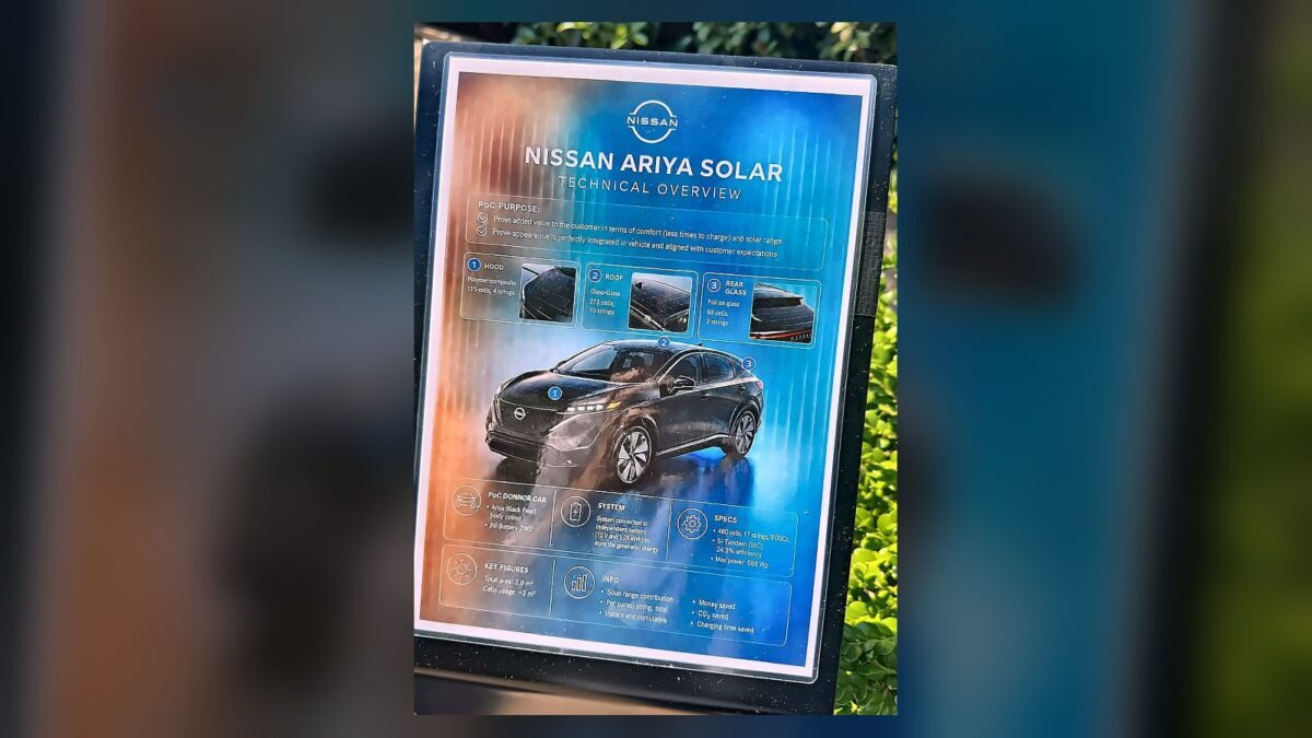 Ficha técnica del prototipo Nissan Ariya Solar expuesta junto al coche en la presentación