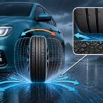 Ilustración del sistema anti aquaplaning de Nissan que hace oscilar las ruedas delanteras para evacuar agua