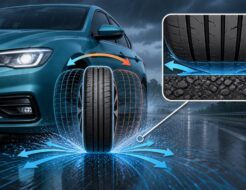 Ilustración del sistema anti aquaplaning de Nissan que hace oscilar las ruedas delanteras para evacuar agua