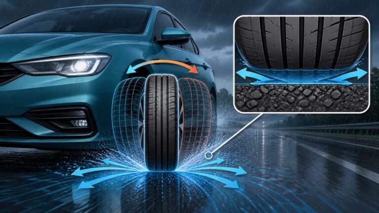 Ilustración del sistema anti aquaplaning de Nissan que hace oscilar las ruedas delanteras para evacuar agua